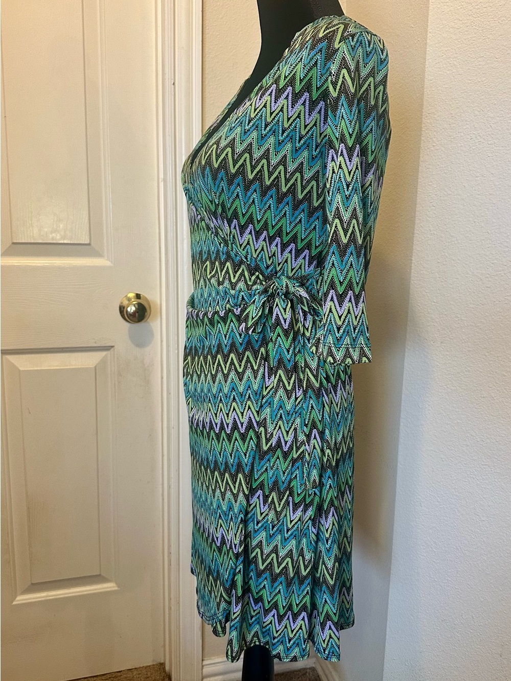 Vintage Y2K Zigzag Faux Wrap Dress Petite 8P Blue Green Jersey Stretch - Picture 3 of 11